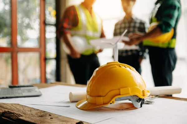 Engineer teams meeting working together wear worker helmets hardhat on construction site in modern city