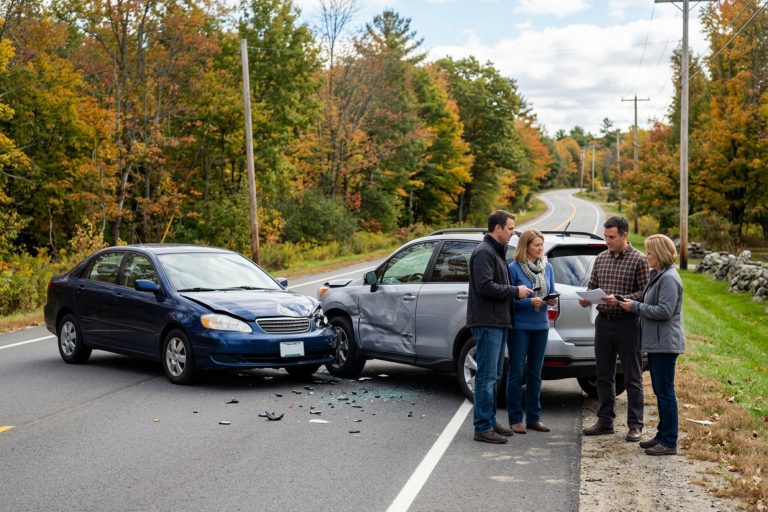 High quality two car accident scene with multiple people exchanging information in Maine
