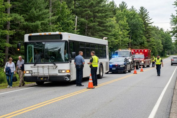 Commercial bus stopped after a realistic Maine roadway accident